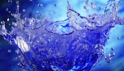 Poster - vivid close-up of a dynamic blue water splash with crystal-clear droplets and ripples, ideal for design background and creative concepts

