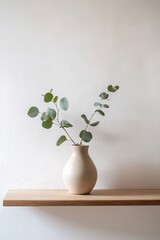 Wall Mural - A stylish light oak wooden shelf displays a matte ceramic vase in soft beige, holding a sprig of eucalyptus. The clean background enhances the serene atmosphere, perfect for modern decor