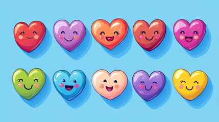 Fototapete - A collection of colorful cartoon hearts, each with unique expressions, floating on a solid blue background with text space in the center.