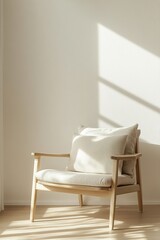 Poster - This cozy armchair in light wood features a soft wool cushion and is positioned in a bright room with natural light, creating a calming and modern atmosphere perfect for relaxation