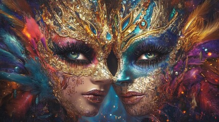 Wall Mural - Enigmatic Masks: A Dazzling Masquerade of Color and Glamour