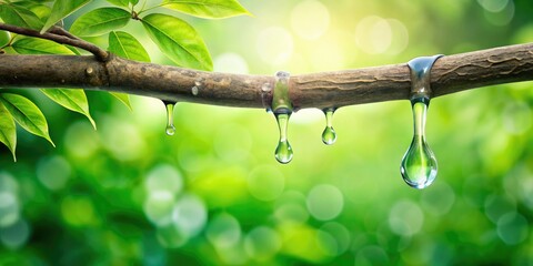 close-up of dripping water from the top of a large green tree branch, leaves, foliage, outdoor
