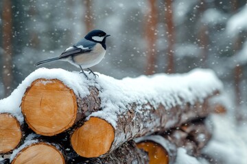 Wall Mural - Coal tit perching on snow-covered logs during snowfall in winter forest