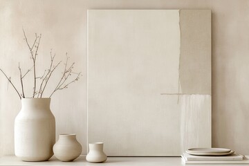Poster - This Nordic-style interior highlights an abstract wall art piece in soft beige and cream hues. Simple ceramic vases add charm to the elegant, minimalist decor, creating a peaceful atmosphere