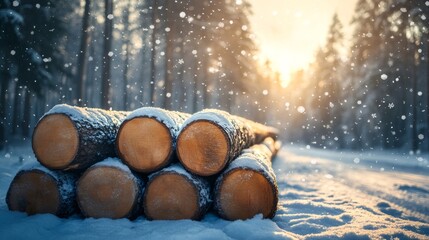 Poster - Snow falling on stacked logs in winter forest at sunset