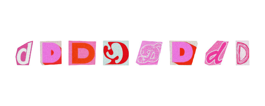 Letter D, barbiecore set of cut-out elements from magazines on a transparent background, cute retro y2k ransom style