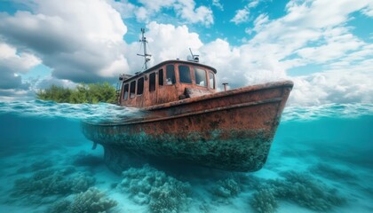 A sustainable fishing boat gently sails near vibrant coral reefs, showcasing responsible tourism and marine conservation efforts in pristine ocean waters This image depicts eco-friendly practices