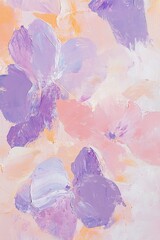 Wall Mural - This artwork showcases a blend of abstract floral shapes painted in soft pastel hues like pink and lavender. Bold textured brushstrokes enhance its minimalist elegance, providing ample negative space