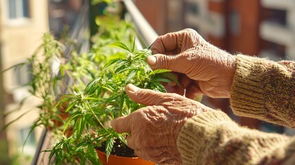 Wall Mural - Elderly man's hands tending to cannabis plants on a sunny balcony, showcasing care for nature and gardening.