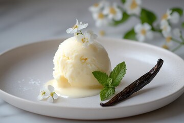 Wall Mural - Scoop of vanilla ice cream melting on plate with vanilla pod and mint