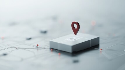 Poster - Conceptual representation of delivery logistics with a parcel and location marker, showcasing modern shipping and tracking technology in a digital environment.