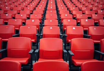 Red tribunes. seats of tribune on sport stadium. empty outdoor arena. concept of fans. chairs for audience. cultural environment concept. color and symmetry. empty seats. modern stadium