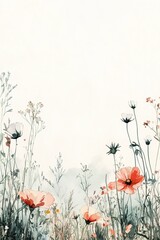 Poster - A tranquil meadow stretches with delicate wildflowers in gentle pastel shades. The calming artwork features soft, soothing colors blending into a light background, perfect for text overlay