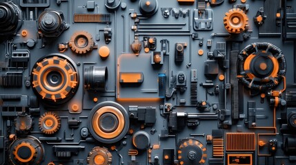 Poster - Abstract industrial background with interlocking gears, mechanical components, and vivid color contrast showcasing creativity in engineering and design aesthetics