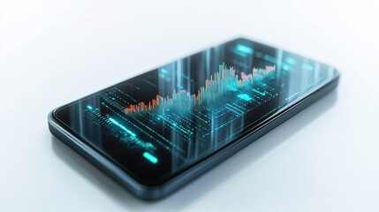 Poster - Modern smartphone displaying glowing financial charts and data, symbolizing investment growth and digital technology in a contemporary business environment.