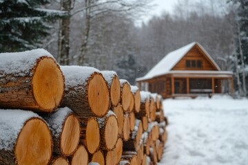 Poster - Stack of firewood covered with snow near wooden cottage in winter forest