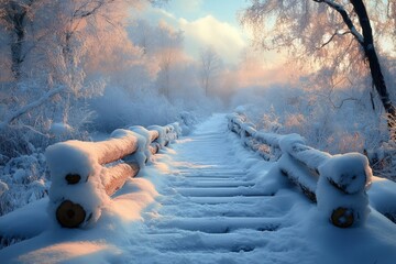 Poster - Snow covered wooden bridge leading into magical winter wonderland forest