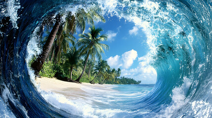 Poster - A stunning wave curls over a tropical beach, showcasing vibrant blue waters and lush palm trees under a bright sky