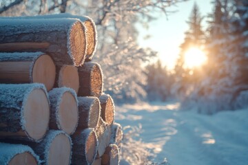 Poster - Logs covered with frost during golden hour in a winter forest