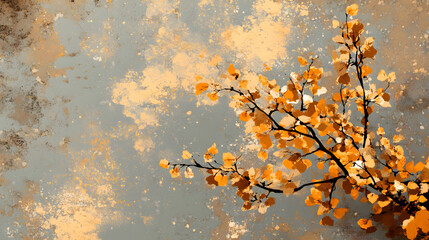 Aufkleber - A serene, artistic depiction of a branch with golden leaves against a textured blue background, evoking a sense of calm and nature