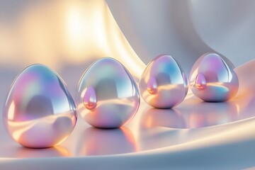 Poster - This modern Easter card features beautifully rendered 3D geometric shapes resembling Easter eggs in metallic pastel colors. The clean background offers ample space for personal messages