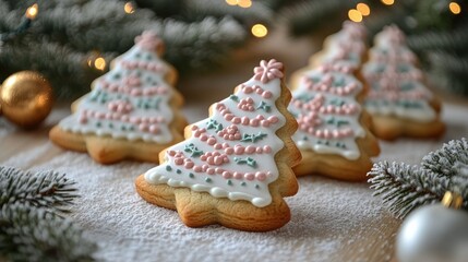 Wall Mural - Festive Christmas tree-shaped cookies decorated with icing on a snowy table with holiday lights