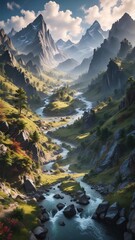 Wall Mural - Dramatic mountain landscape with towering peaks and winding river through a lush valley, winding river, dramatic mountain landscape, lush valley