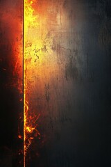 Poster - The backdrop features a textured metallic surface where glowing fire reflections in orange, red, and gold light up the dark surroundings, offering ample space for text overlay