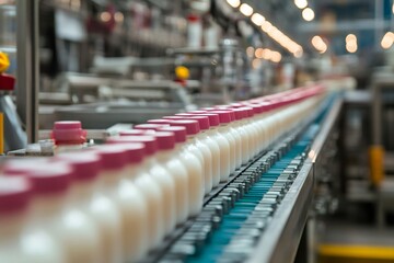 Aufkleber - Dairy factory processing milk bottles traveling on conveyor belt