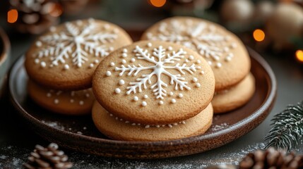 Wall Mural - Festively decorated gingerbread cookies with snowflake designs on a rustic plate, surrounded by holiday decor