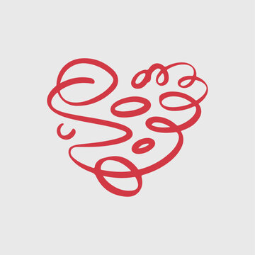 Funny red abstract line doodle heart shape.