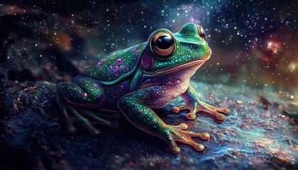 Wall Mural - Unique fusion of nature and space in an illustrated frog artwork.