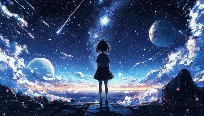 Wall Mural - An Enigmatic Anime Girl Gazing at the Stars