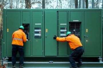 Poster - Electrical engineers maintaining industrial power supply unit in forest