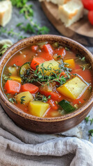 Sticker - Fresh vegetable soup with thyme garnished in rustic bowl