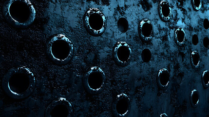 Fototapete - A dark, textured surface featuring multiple circular holes, creating a visually striking and industrial appearance