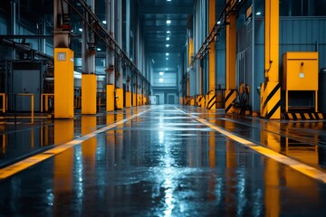 Aufkleber - Wet floor reflecting light in deserted industrial warehouse