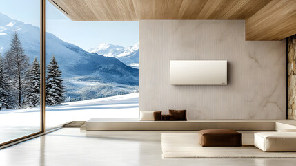 Poster - A modern living room featuring a panoramic mountain view, minimalist decor, and cozy furnishings, perfect for a winter retreat