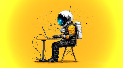 Poster - Astronaut working at a desk connecting to wired internet in a creative environment