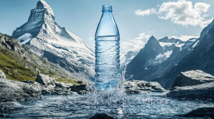 Wall Mural - A water bottle splashes in a scenic mountain landscape, highlighting nature's beauty.