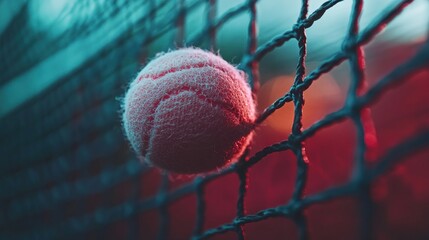 Pink tennis ball caught in net at dusk.