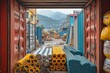 © Xchip - Container fully loaded with construction materials in a busy sourcing area, highlighting various materials like piping and reinforcement bars at a construction supply