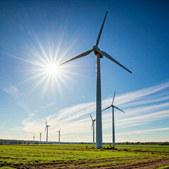 Wall Mural - wind turbines in the field under blue sky. wind turbines generating for the production of green energy in the sun.