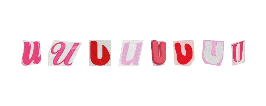 Letter U, barbiecore set of cut-out elements from magazines on a white background, cute retro y2k ransom style