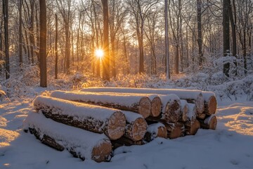 Wall Mural - Winter sunrise illuminating snow covered logs in forest setting