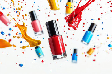 Poster - Colorful nail polish bottles appearing to float amidst splashes of vibrant paint in an artistic display of creativity