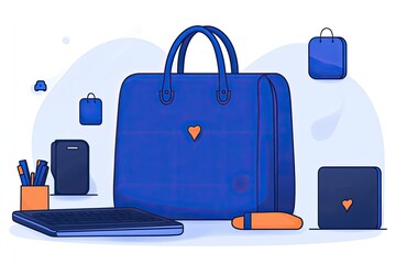 Poster - blue tote bag with office supplies and small shopping bags
