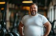 © yevgeniya131988 - Happy, Slightly Overweight Man in White T-shirt with Large Belly Standing in Gym