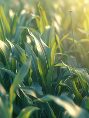 Wall Mural - Close-up of vibrant green leaves in a sunlit field, showcasing natural beauty.