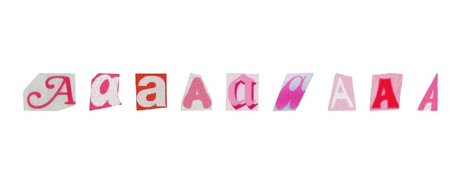 Letter A, barbiecore set of cut-out elements from magazines on a white background, cute retro y2k ransom style